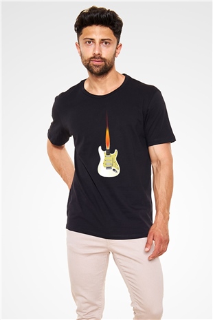 Elektro Gitar Baskılı Unisex Siyah Tişört - Tshirt