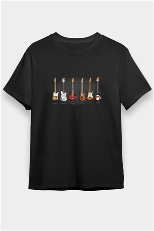 Elektro Gitar Baskılı Unisex Siyah Tişört - Tshirt