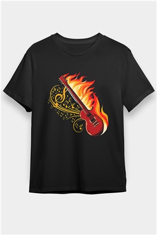 Elektro Gitar Baskılı Unisex Siyah Tişört - Tshirt