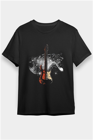 Elektro Gitar Baskılı Unisex Siyah Tişört - Tshirt