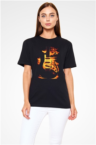 Elektro Gitar Baskılı Unisex Siyah Tişört - Tshirt