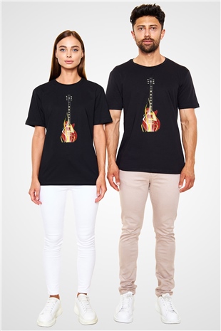 Elektro Gitar Baskılı Unisex Siyah Tişört - Tshirt