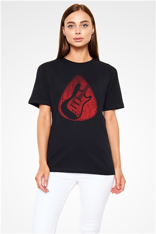 Elektro Gitar Baskılı Unisex Siyah Tişört - Tshirt