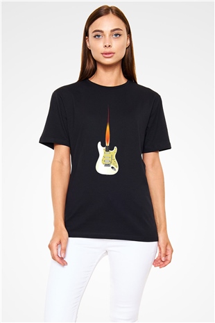 Elektro Gitar Baskılı Unisex Siyah Tişört - Tshirt