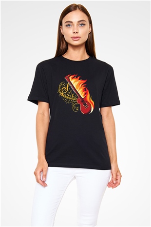 Elektro Gitar Baskılı Unisex Siyah Tişört - Tshirt