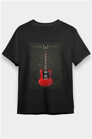 Elektro Gitar Baskılı Unisex Siyah Tişört - Tshirt