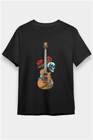 Elektro Gitar Baskılı Unisex Siyah Tişört - Tshirt