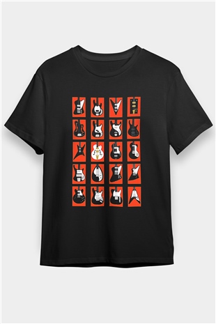 Elektro Gitar Baskılı Unisex Siyah Tişört - Tshirt