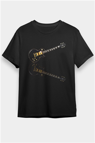 Elektro Gitar Baskılı Unisex Siyah Tişört - Tshirt