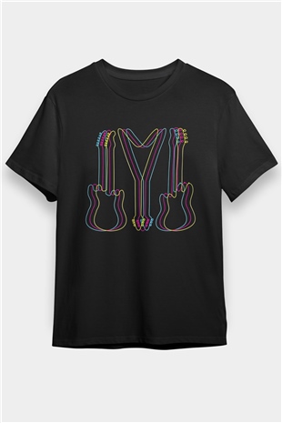 Elektro Gitar Baskılı Unisex Siyah Tişört - Tshirt