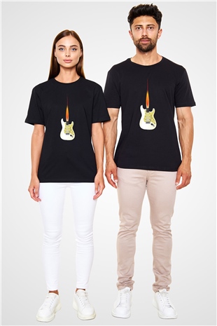 Elektro Gitar Baskılı Unisex Siyah Tişört - Tshirt