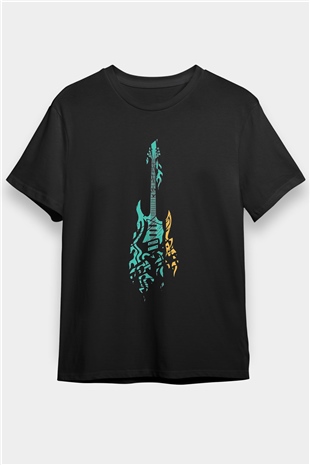 Elektro Gitar Baskılı Unisex Siyah Tişört - Tshirt