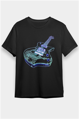 Elektro Gitar Baskılı Unisex Siyah Tişört - Tshirt