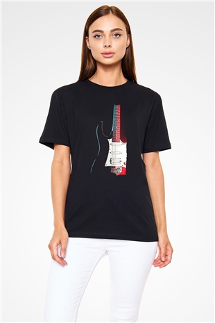 Elektro Gitar Baskılı Unisex Siyah Tişört - Tshirt