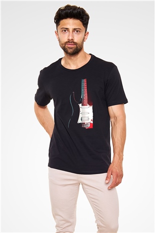Elektro Gitar Baskılı Unisex Siyah Tişört - Tshirt