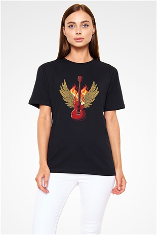 Elektro Gitar Baskılı Unisex Siyah Tişört - Tshirt
