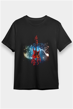 Elektro Gitar Baskılı Unisex Siyah Tişört - Tshirt