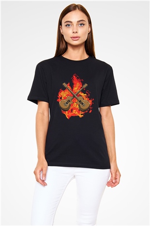 Elektro Gitar Baskılı Unisex Siyah Tişört - Tshirt