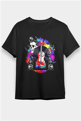 Elektro Gitar Baskılı Unisex Siyah Tişört - Tshirt