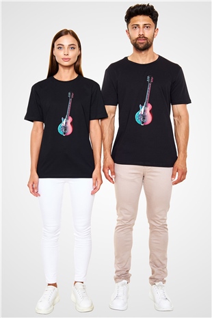 Elektro Gitar Baskılı Unisex Siyah Tişört - Tshirt