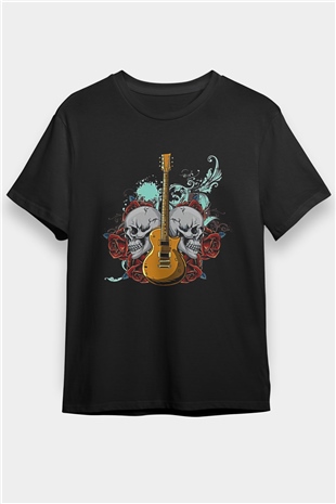 Elektro Gitar Baskılı Unisex Siyah Tişört - Tshirt