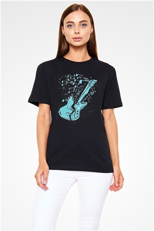 Elektro Gitar Baskılı Unisex Siyah Tişört - Tshirt