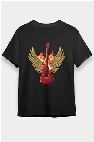 Elektro Gitar Baskılı Unisex Siyah Tişört - Tshirt