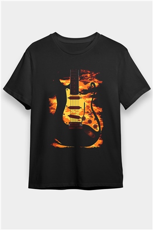 Elektro Gitar Baskılı Unisex Siyah Tişört - Tshirt