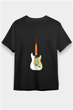 Elektro Gitar Baskılı Unisex Siyah Tişört - Tshirt