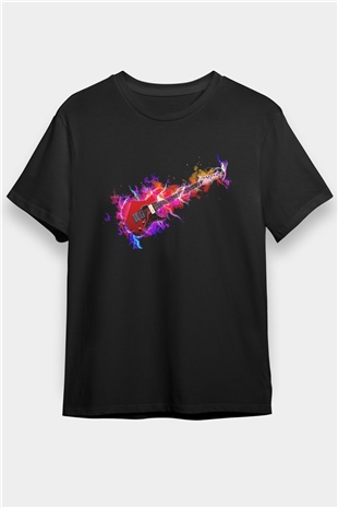Elektro Gitar Baskılı Unisex Siyah Tişört - Tshirt