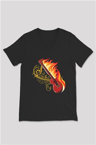 Elektro Gitar Baskılı Unisex Siyah V Yaka Tişört - Tshirt