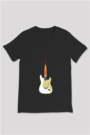 Elektro Gitar Baskılı Unisex Siyah V Yaka Tişört - Tshirt