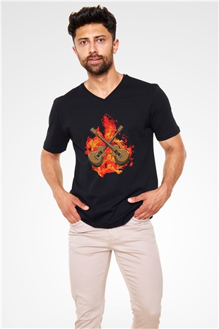 Elektro Gitar Baskılı Unisex Siyah V Yaka Tişört - Tshirt