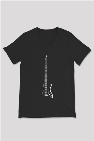 Elektro Gitar Baskılı Unisex Siyah V Yaka Tişört - Tshirt