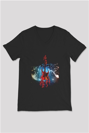 Elektro Gitar Baskılı Unisex Siyah V Yaka Tişört - Tshirt