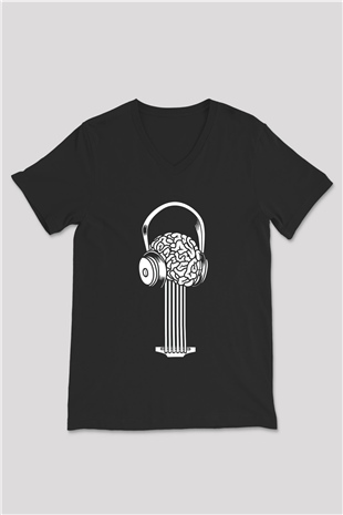 Elektro Gitar Baskılı Unisex Siyah V Yaka Tişört - Tshirt