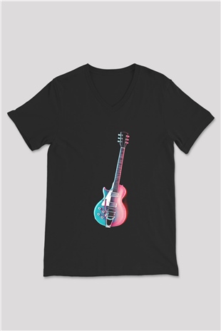 Elektro Gitar Baskılı Unisex Siyah V Yaka Tişört - Tshirt