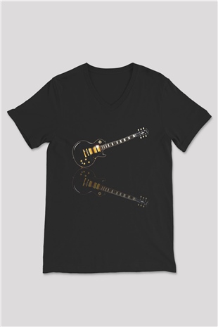 Elektro Gitar Baskılı Unisex Siyah V Yaka Tişört - Tshirt