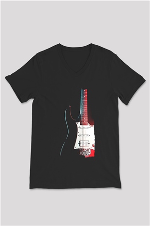 Elektro Gitar Baskılı Unisex Siyah V Yaka Tişört - Tshirt