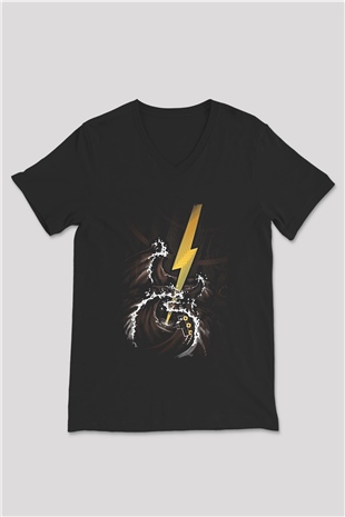 Elektro Gitar Baskılı Unisex Siyah V Yaka Tişört - Tshirt