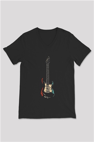 Elektro Gitar Baskılı Unisex Siyah V Yaka Tişört - Tshirt
