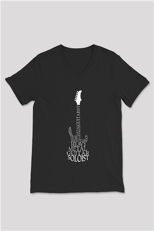 Elektro Gitar Baskılı Unisex Siyah V Yaka Tişört - Tshirt