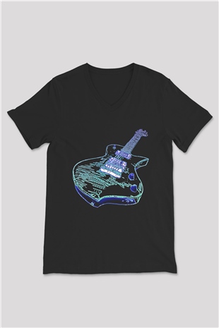 Elektro Gitar Baskılı Unisex Siyah V Yaka Tişört - Tshirt