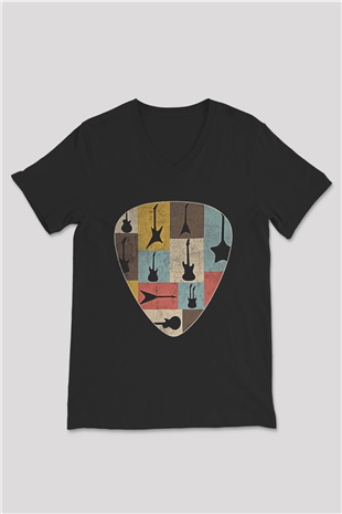 Elektro Gitar Baskılı Unisex Siyah V Yaka Tişört - Tshirt