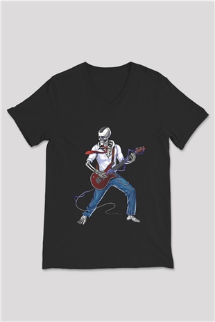 Elektro Gitar Baskılı Unisex Siyah V Yaka Tişört - Tshirt