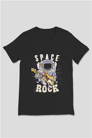 Elektro Gitar Baskılı Unisex Siyah V Yaka Tişört - Tshirt