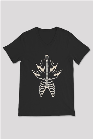 Elektro Gitar Baskılı Unisex Siyah V Yaka Tişört - Tshirt