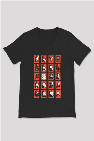 Elektro Gitar Baskılı Unisex Siyah V Yaka Tişört - Tshirt