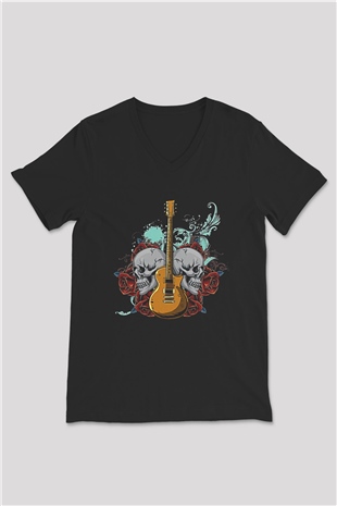 Elektro Gitar Baskılı Unisex Siyah V Yaka Tişört - Tshirt