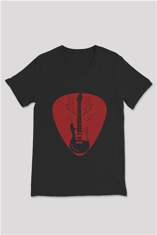 Elektro Gitar Baskılı Unisex Siyah V Yaka Tişört - Tshirt